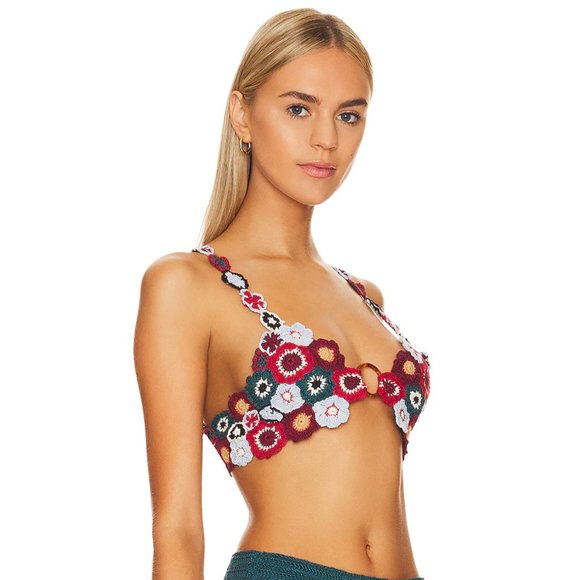 Agua Bendita Panay Crop Top in Multicolor Flower Hippie Crochet Bralette Bra - Picture 2 of 4